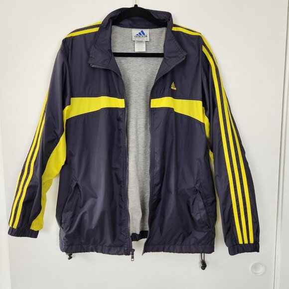 Vintage Adidas Med Navy Blue W Bright Yellow Full Zip Lined Nylon Windbreaker - Picture 2 of 9